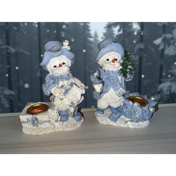 Snowman Candlestick Holder Set Blue White Winter Christmas Mantel Decor - Picture 2 of 11